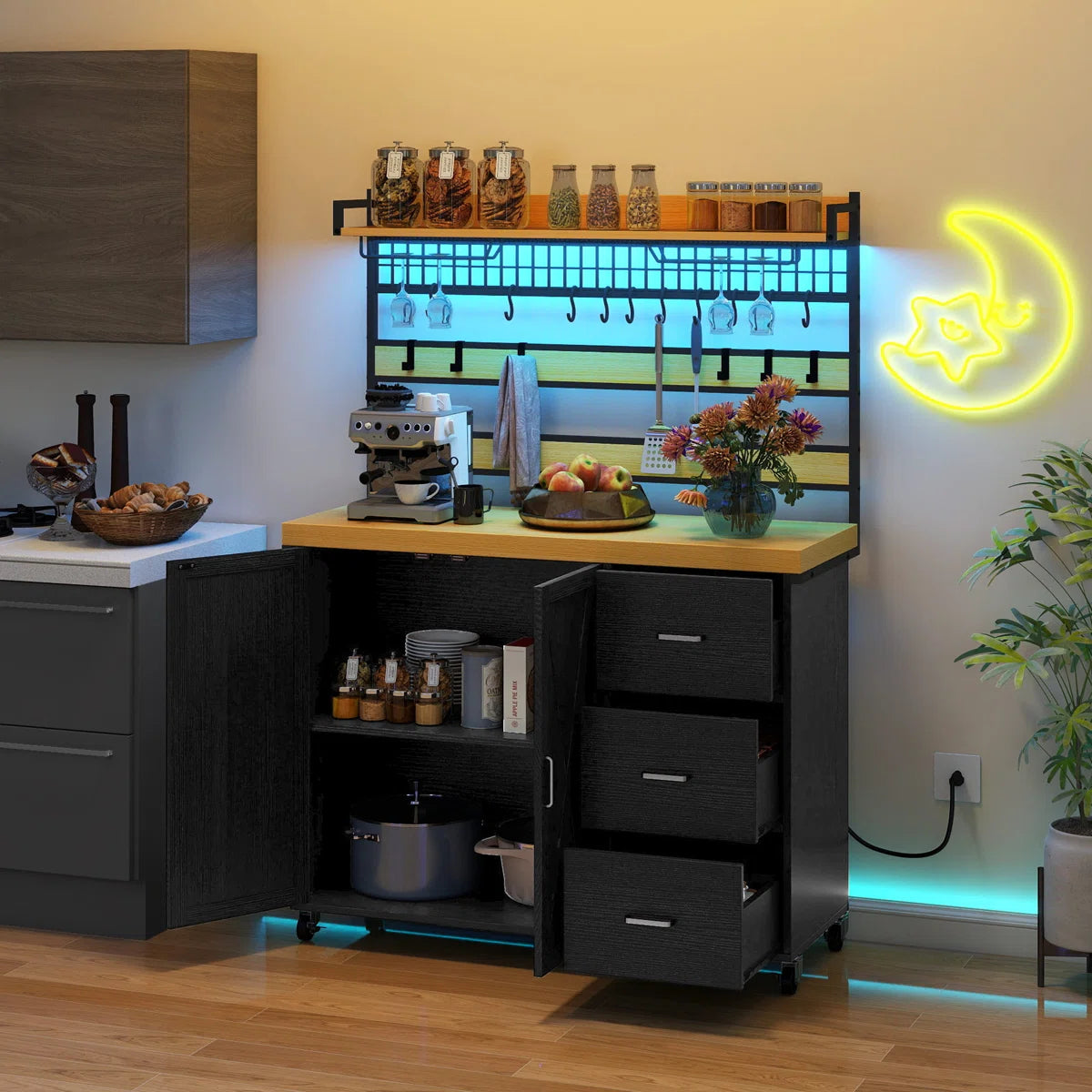 Kitchen Rack: Farmhouse Bakers Rack with LED Light and Power Outlet, Coffee Bar Cabinet on Wheels, and Microwave Stand