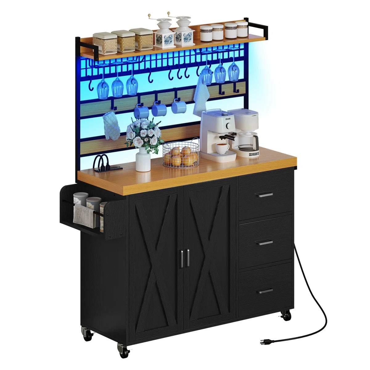 Kitchen Rack: Farmhouse Bakers Rack with LED Light and Power Outlet, Coffee Bar Cabinet on Wheels, and Microwave Stand