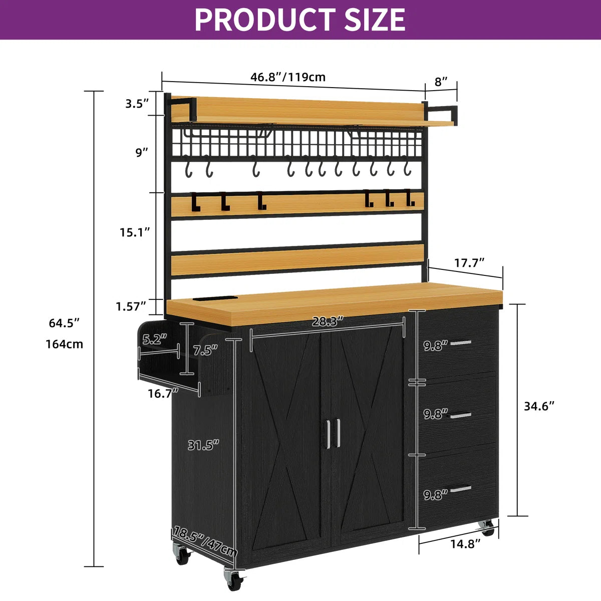 Kitchen Rack: Farmhouse Bakers Rack with LED Light and Power Outlet, Coffee Bar Cabinet on Wheels, and Microwave Stand