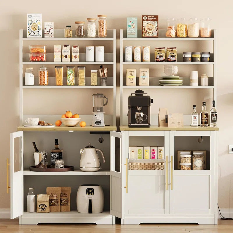 Kitchen Racks: Farmhouse Bakers Rack with Thickened Counter, Power Outlet, and Two Glass Doors