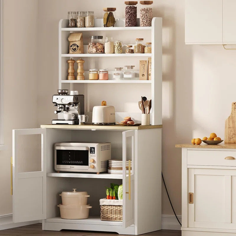 Kitchen Racks: Farmhouse Bakers Rack with Thickened Counter, Power Outlet, and Two Glass Doors