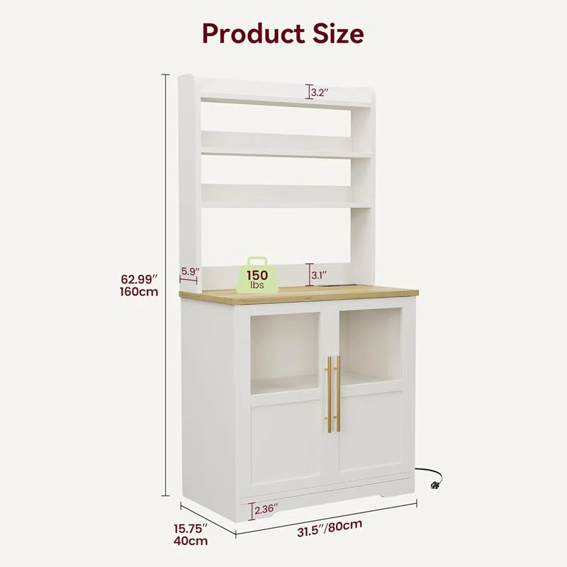 Kitchen Racks: Farmhouse Bakers Rack with Thickened Counter, Power Outlet, and Two Glass Doors