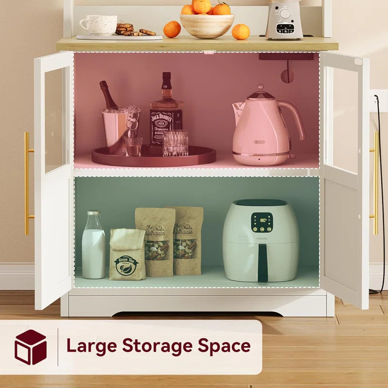 Kitchen Racks: Farmhouse Bakers Rack with Thickened Counter, Power Outlet, and Two Glass Doors