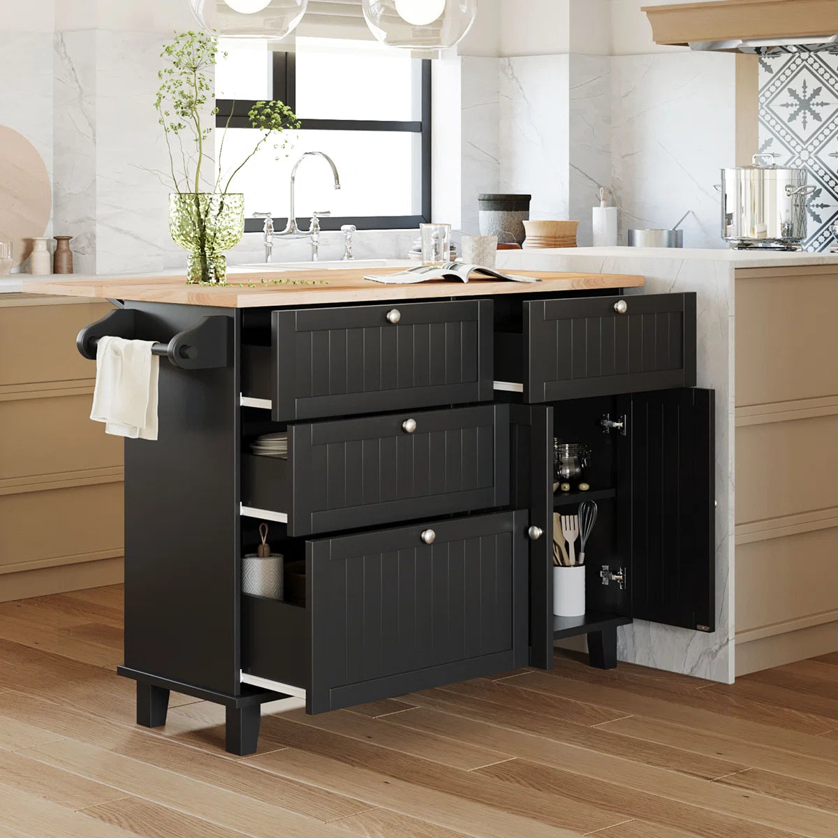 Kitchen Island Table: 50.3" Wide Farmhouse Style with Drop Leaf, Storage & 2 Bar Stools