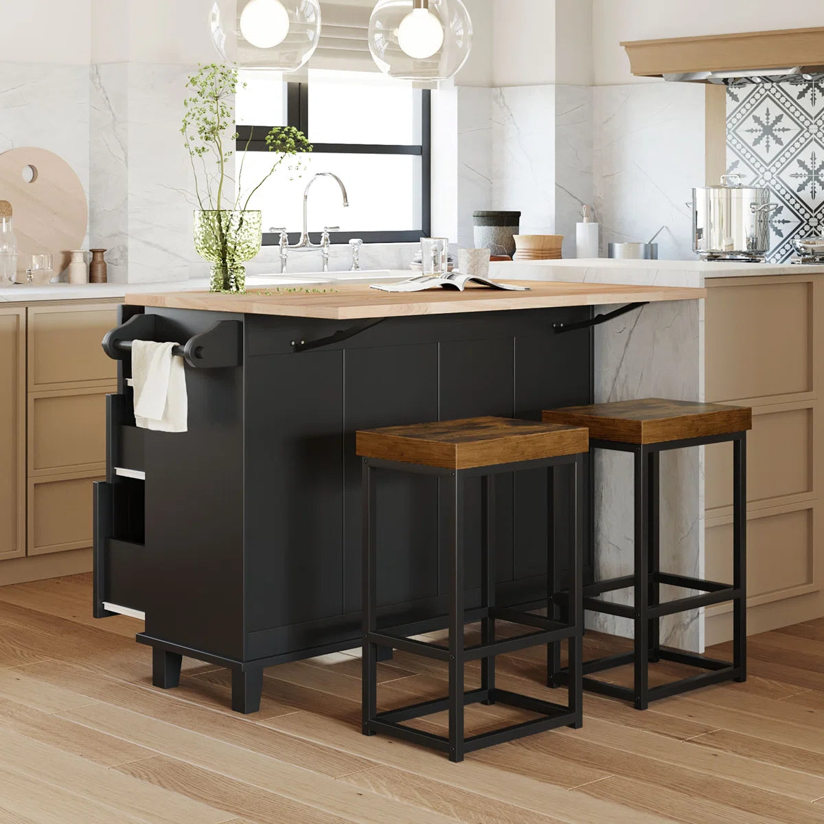 Kitchen Island Table: 50.3" Wide Farmhouse Style with Drop Leaf, Storage & 2 Bar Stools