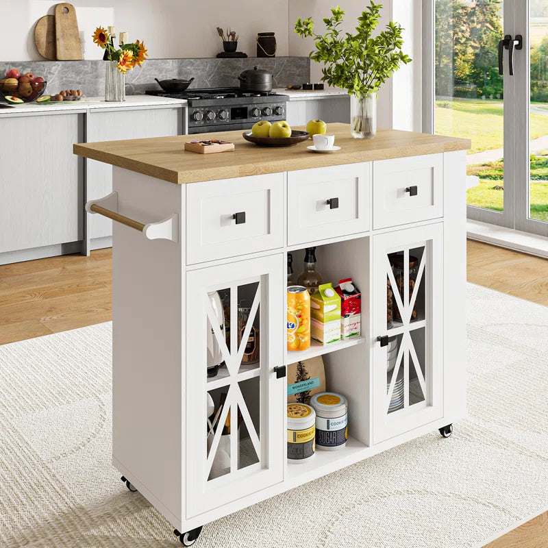 Kitchen Island Table: 41.3" Rustic Wooden Kitchen Cart with Drop Leaf & Storage