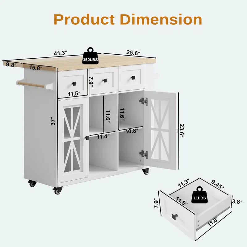 Kitchen Island Table: 41.3" Rustic Wooden Kitchen Cart with Drop Leaf & Storage