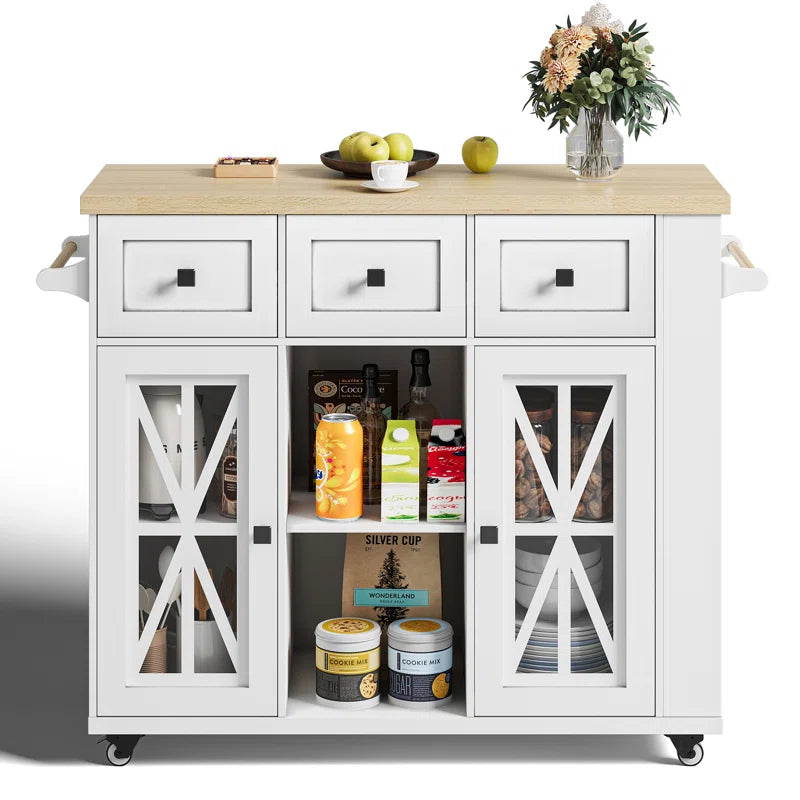 Kitchen Island Table: 41.3" Rustic Wooden Kitchen Cart with Drop Leaf & Storage