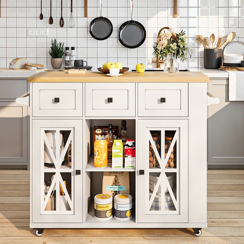 Kitchen Island Table: 41.3" Rustic Wooden Kitchen Cart with Drop Leaf & Storage