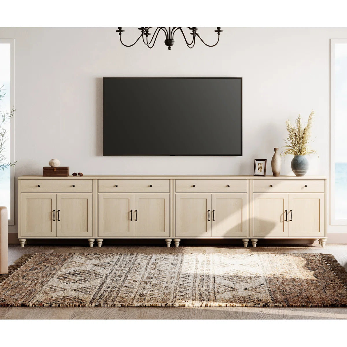 tv panel: 85" TV console table with farmhouse style, 8 doors, 4 drawers