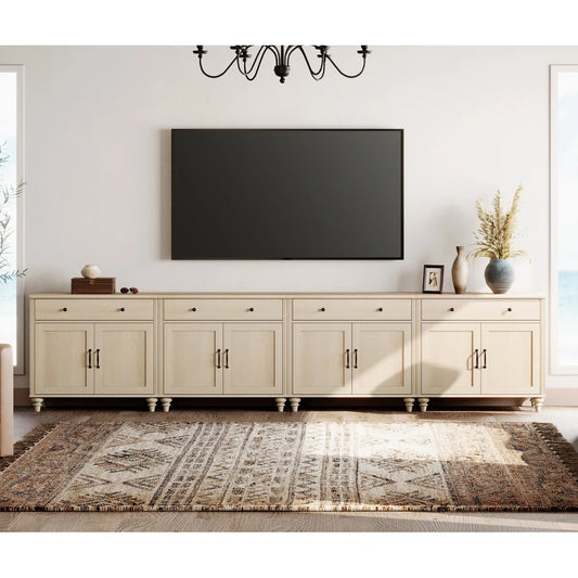 tv panel: 85" TV console table with farmhouse style, 8 doors, 4 drawers
