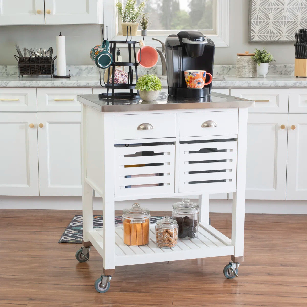 Kitchen Island Table: 30'' Wide Rolling Grey Cart with Stainless Steel Top, Storage Drawers & Bins
