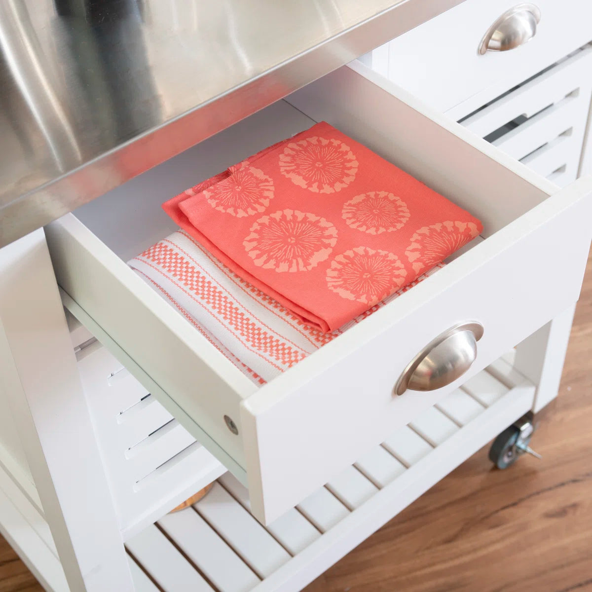Kitchen Island Table: 30'' Wide Rolling Grey Cart with Stainless Steel Top, Storage Drawers & Bins