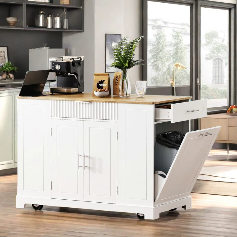 Kitchen Island Table: 48.5" Multifunctional Kitchen Cart with Hidden Trash Bin & Charging Station