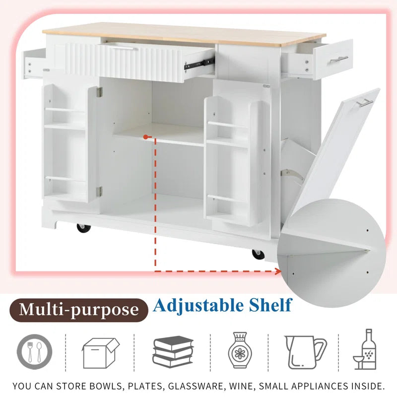Kitchen Island Table: 48.5" Multifunctional Kitchen Cart with Hidden Trash Bin & Charging Station