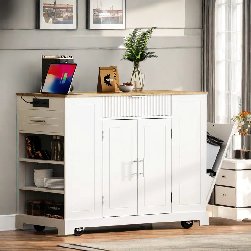 Kitchen Island Table: 48.5" Multifunctional Kitchen Cart with Hidden Trash Bin & Charging Station