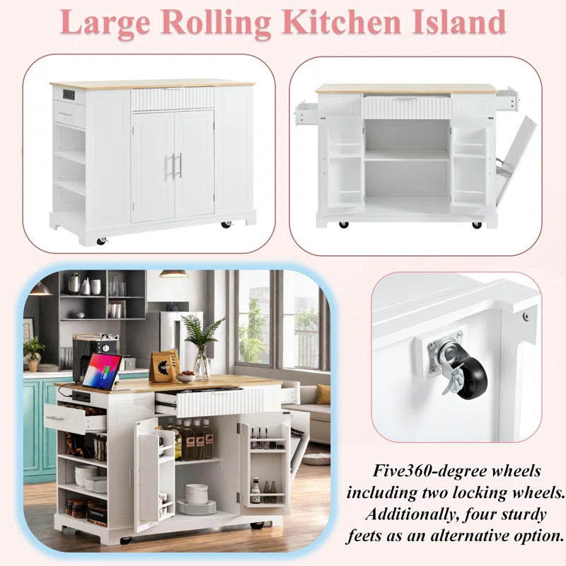 Kitchen Island Table: 48.5" Multifunctional Kitchen Cart with Hidden Trash Bin & Charging Station