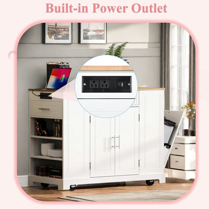 Kitchen Island Table: 48.5" Multifunctional Kitchen Cart with Hidden Trash Bin & Charging Station