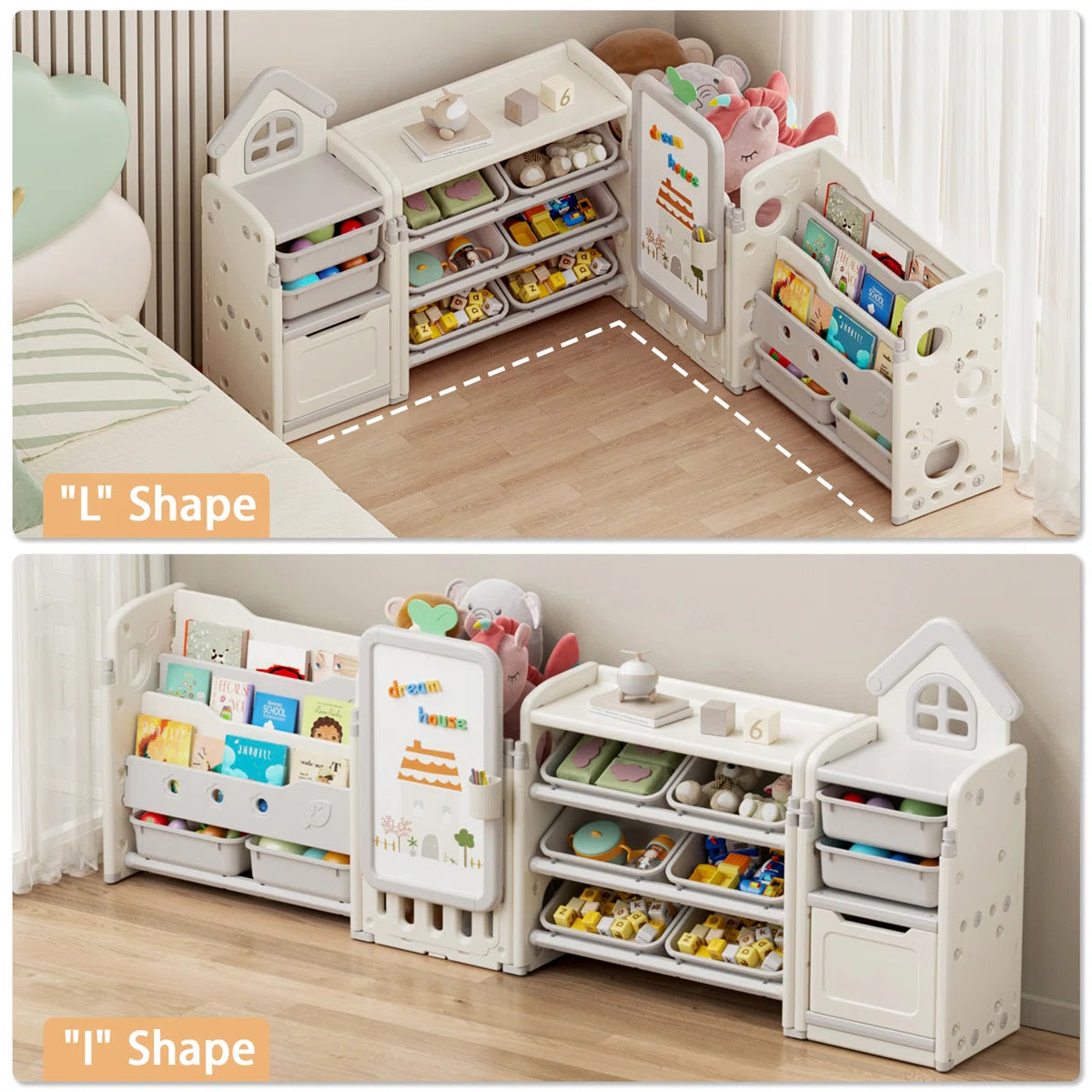Kids Toy Storage Unit: 87.4" Foldable Multi-Bin Organiser with Drawing Board & Bookshelves