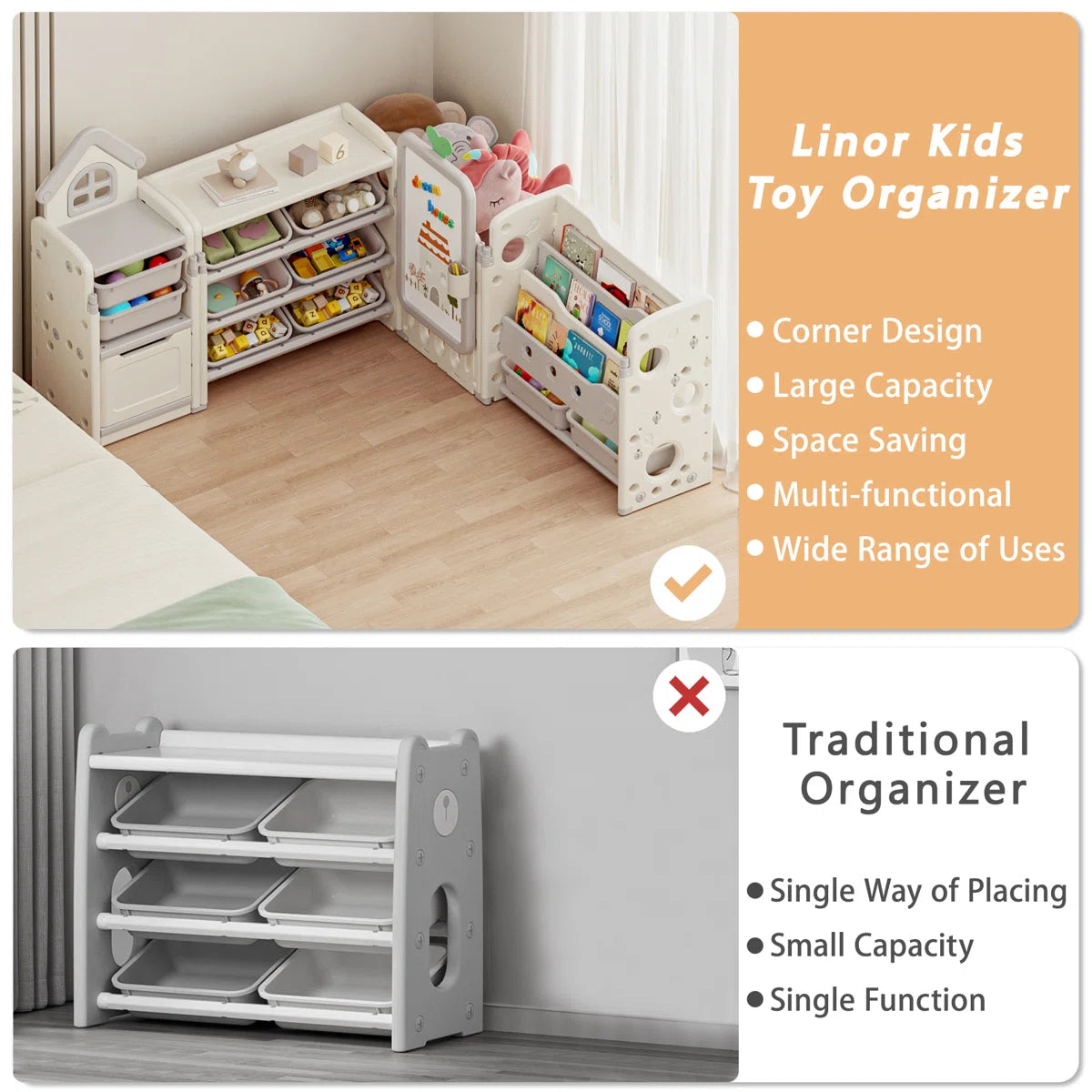 Kids Toy Storage Unit: 87.4" Foldable Multi-Bin Organiser with Drawing Board & Bookshelves
