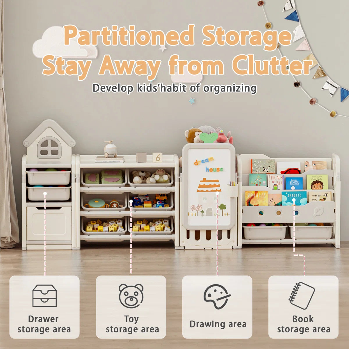 Kids Toy Storage Unit: 87.4" Foldable Multi-Bin Organiser with Drawing Board & Bookshelves