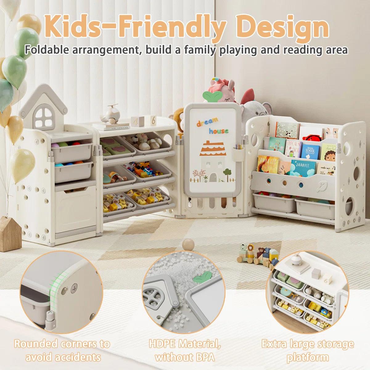 Kids Toy Storage Unit: 87.4" Foldable Multi-Bin Organiser with Drawing Board & Bookshelves
