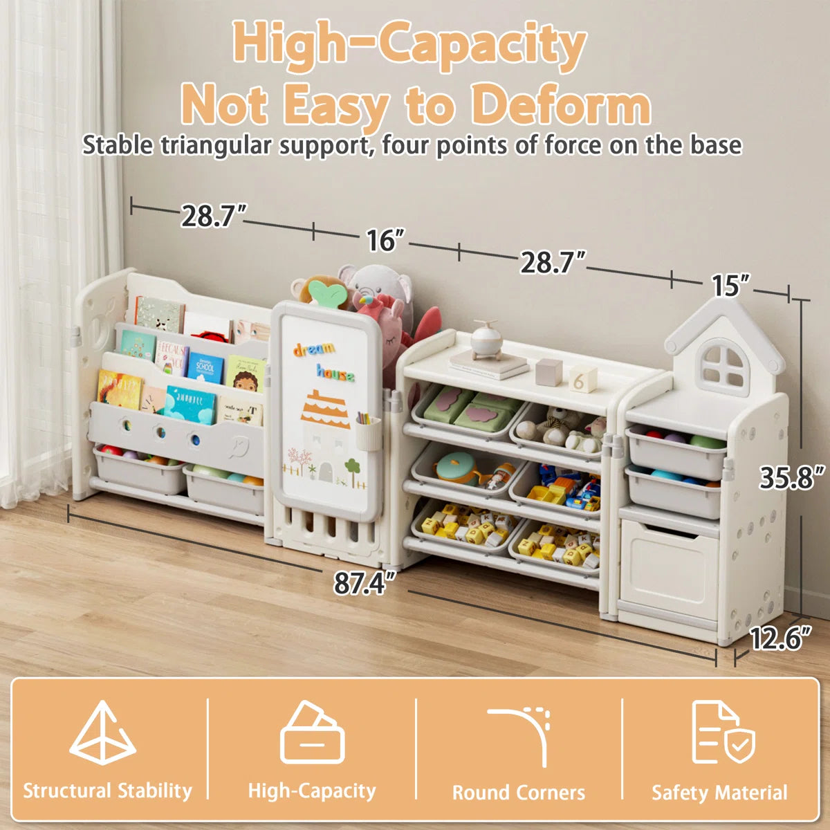 Kids Toy Storage Unit: 87.4" Foldable Multi-Bin Organiser with Drawing Board & Bookshelves