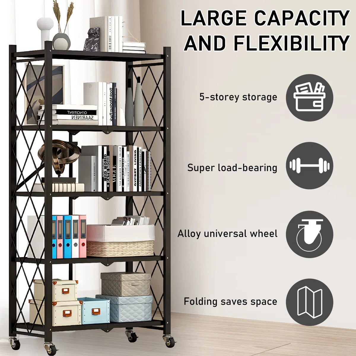 Kitchen Racks: Foldable Shelves for Home and Kitchen Storage: 5-tier Metal Rack with Swivel Wheels