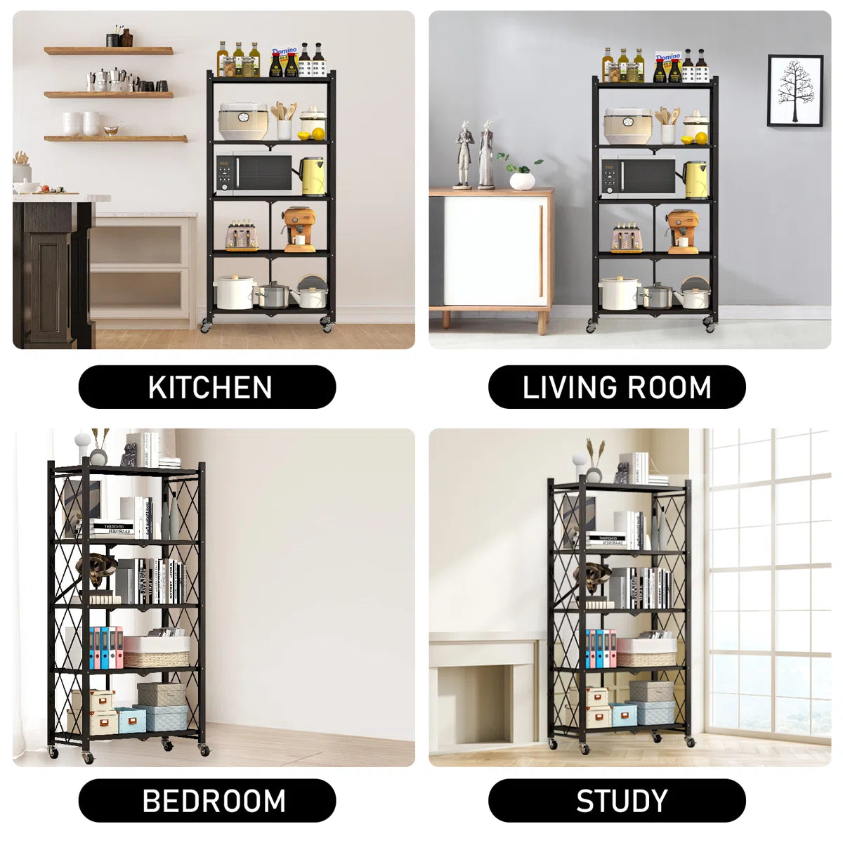 Kitchen Racks: Foldable Shelves for Home and Kitchen Storage: 5-tier Metal Rack with Swivel Wheels