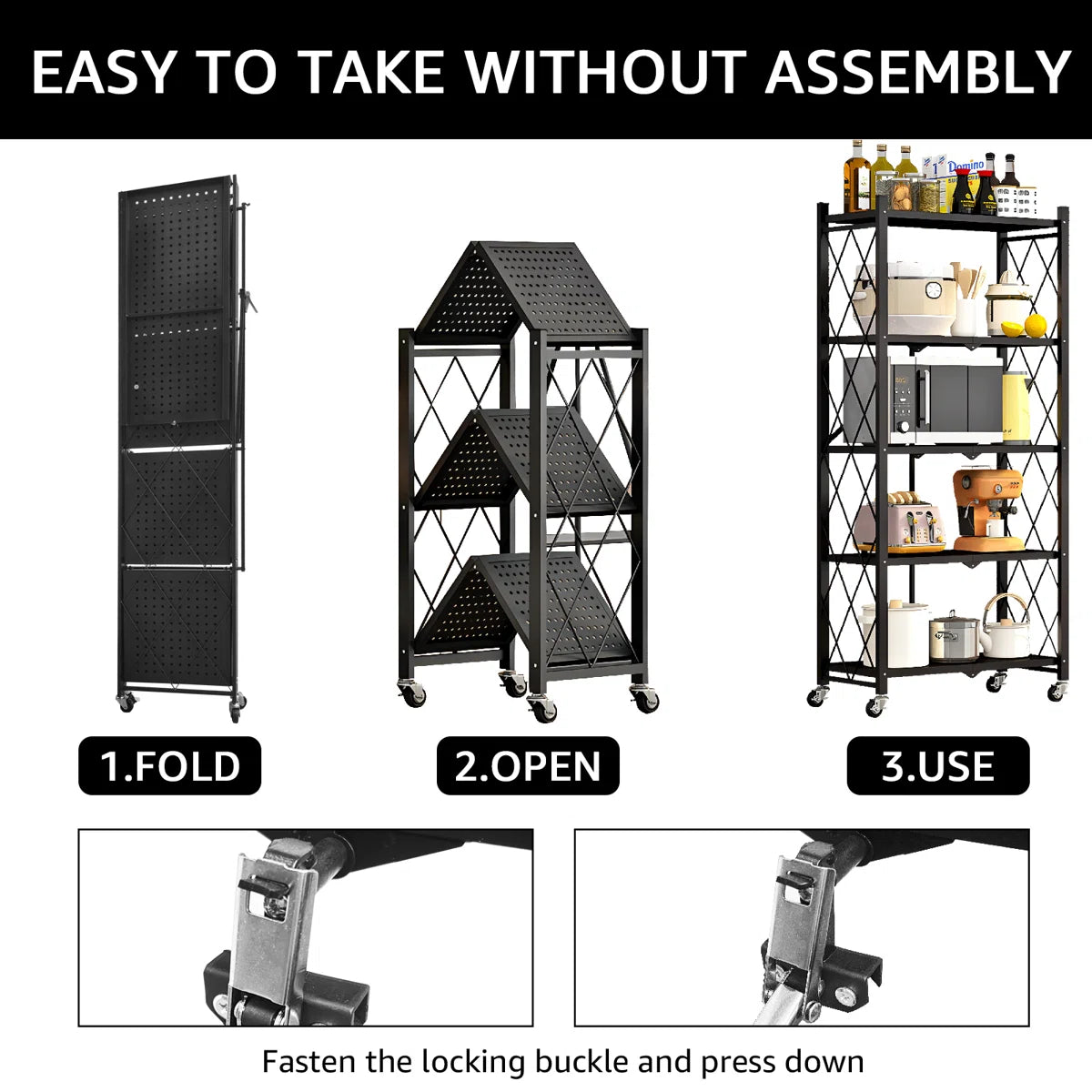 Kitchen Racks: Foldable Shelves for Home and Kitchen Storage: 5-tier Metal Rack with Swivel Wheels