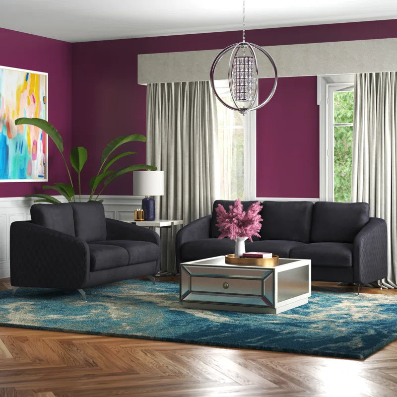 Luxury Sofa Sets: 2-Piece Black Velvet Sofa & Loveseat Set with Chrome Legs