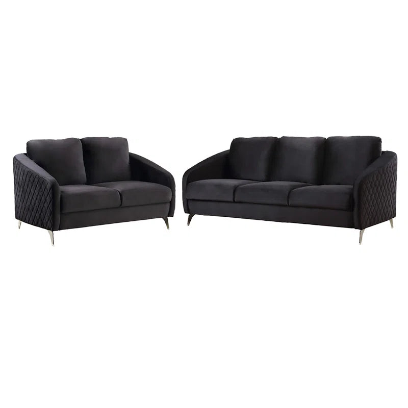 Luxury Sofa Sets: 2-Piece Black Velvet Sofa & Loveseat Set with Chrome Legs