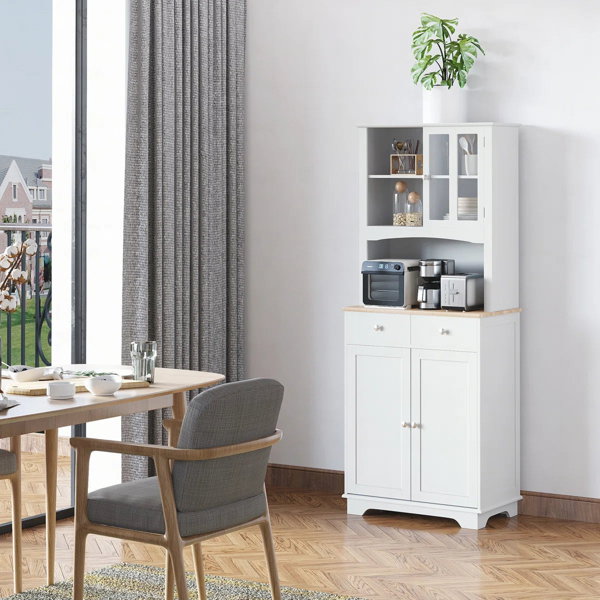 Microwave Stands: 67" White Kitchen Buffet Hutch – Pantry Cabinet with Adjustable Shelf, Drawers & Cupboard