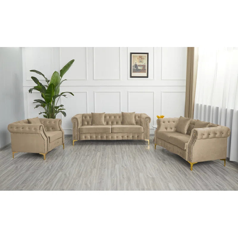 Luxury Sofa Sets: Chesterfield Style 3-Piece Velvet Sofa Set with Gold Legs & Tufted Arms