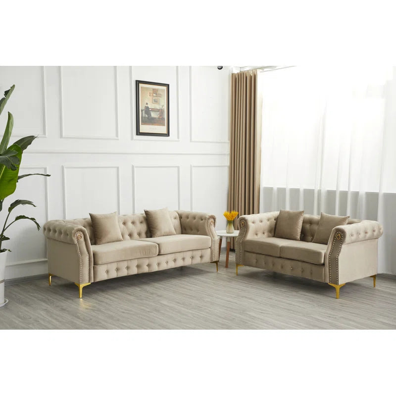 Luxury Sofa Sets: Chesterfield Style 3-Piece Velvet Sofa Set with Gold Legs & Tufted Arms