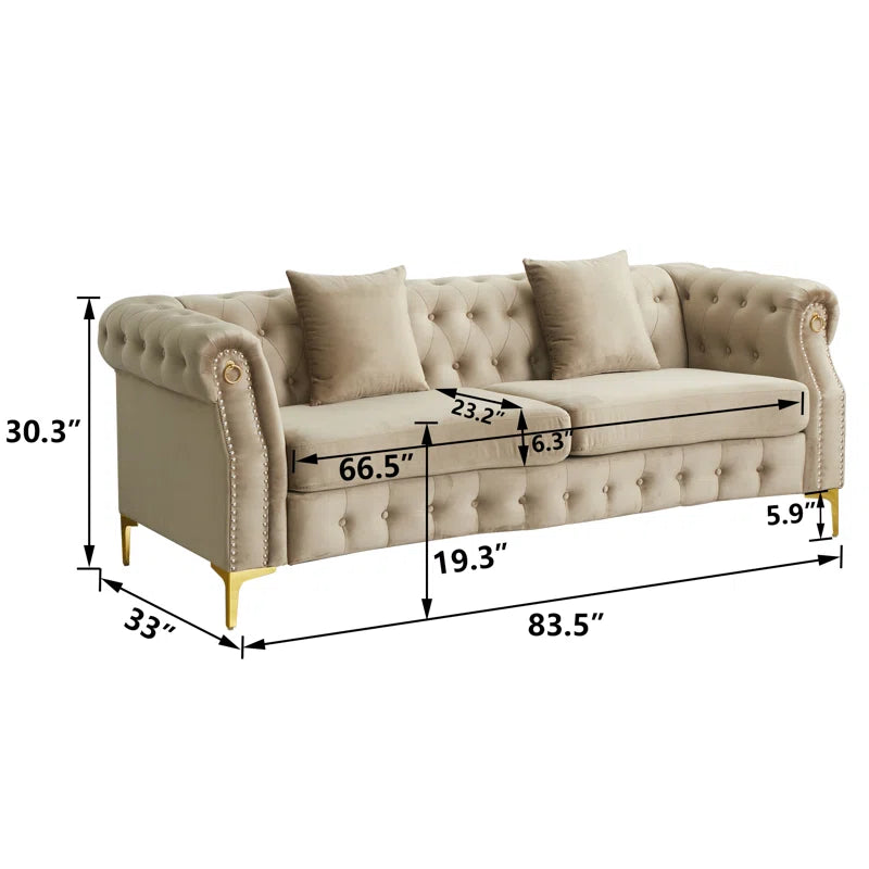Luxury Sofa Sets: Chesterfield Style 3-Piece Velvet Sofa Set with Gold Legs & Tufted Arms