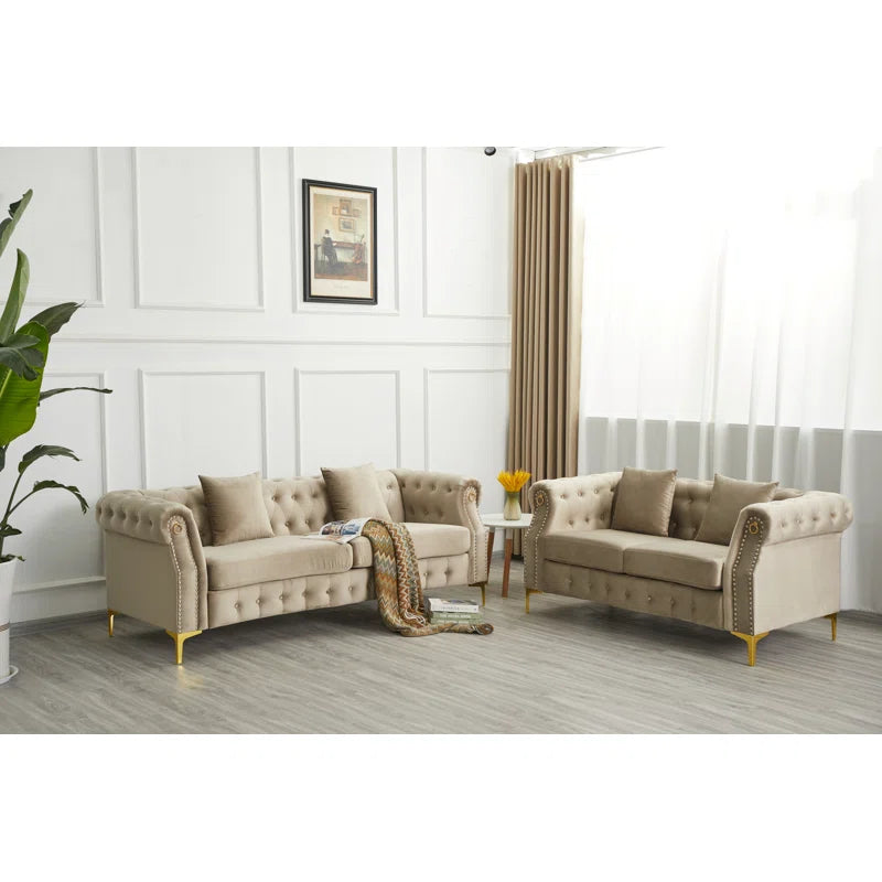 Luxury Sofa Sets: Chesterfield Style 3-Piece Velvet Sofa Set with Gold Legs & Tufted Arms