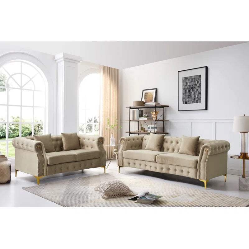 Luxury Sofa Sets: Chesterfield Style 3-Piece Velvet Sofa Set with Gold Legs & Tufted Arms
