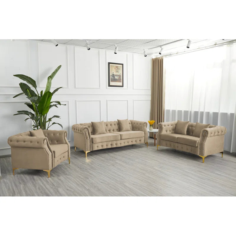 Luxury Sofa Sets: Chesterfield Style 3-Piece Velvet Sofa Set with Gold Legs & Tufted Arms