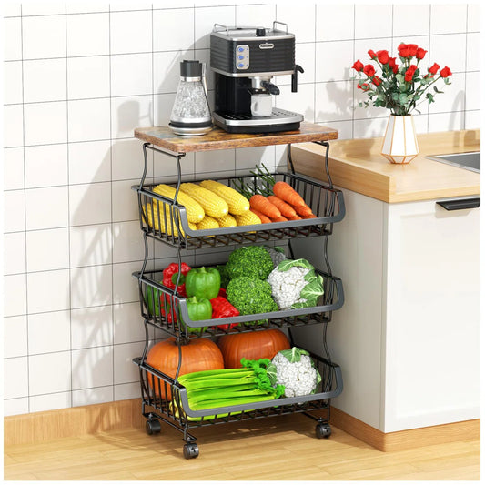 Kitchen Racks: 4 Tier Stackable Fruit Vegetable Storage Baskets With Wheels