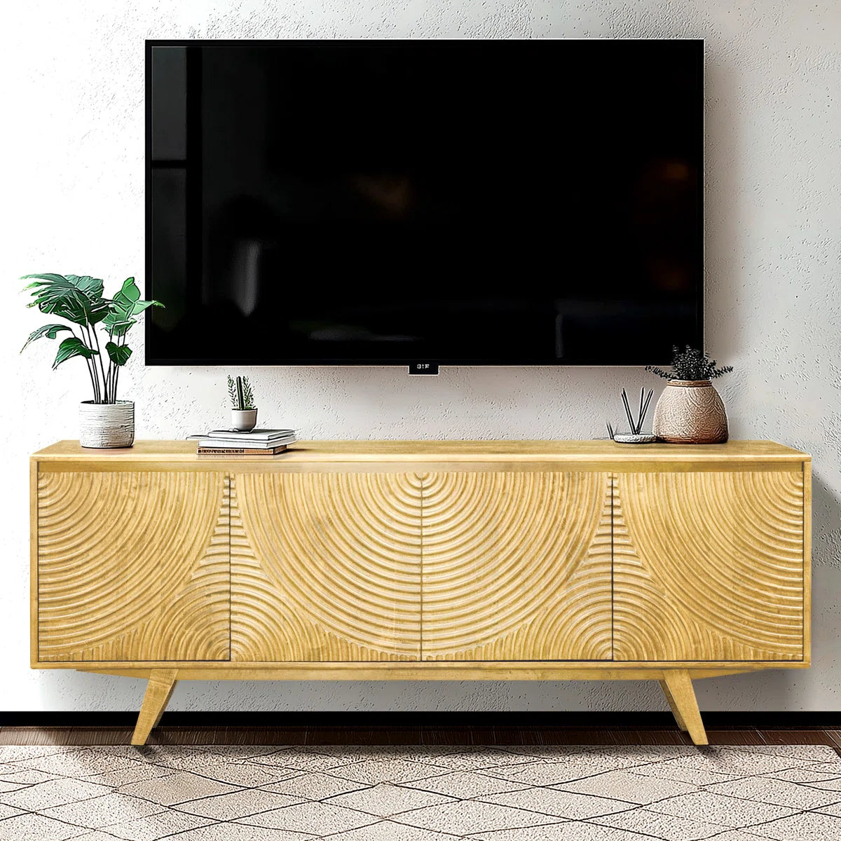 tv panel: Entertainment center fits 75" TVs, features sleek design and media storage