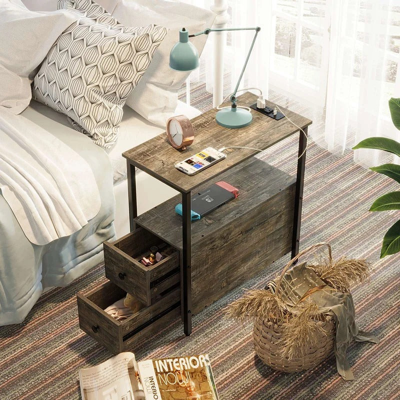 End Table: Gray End Table with 2 Wooden Drawers and USB Ports & Power Outlets