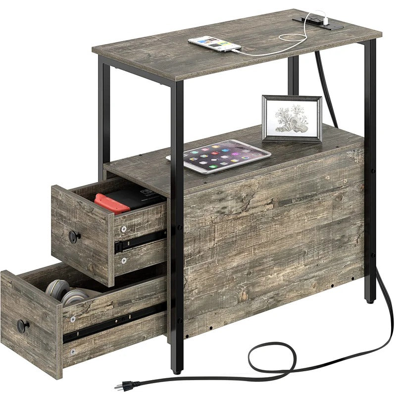 End Table: Gray End Table with 2 Wooden Drawers and USB Ports & Power Outlets
