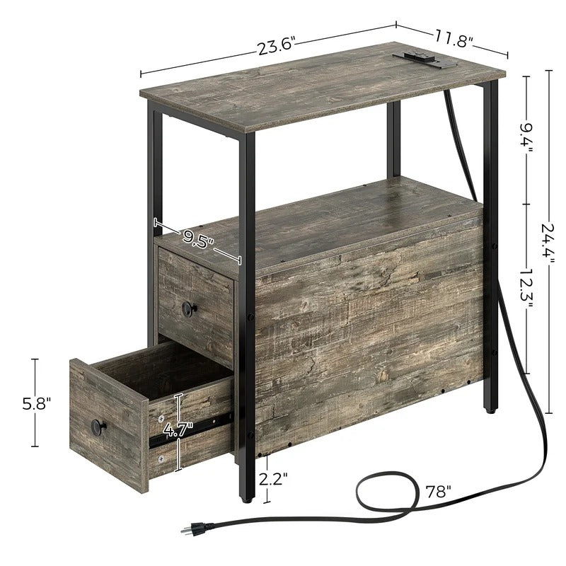 End Table: Gray End Table with 2 Wooden Drawers and USB Ports & Power Outlets