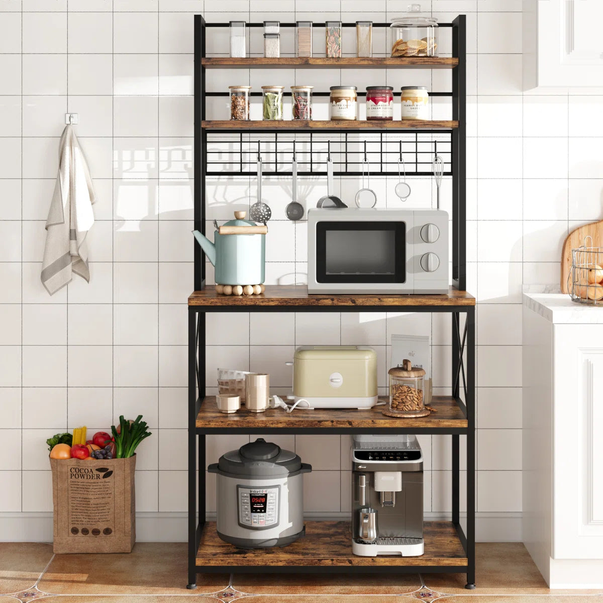 Kitchen Racks: 31.4" iron baker’s rack with microwave shelf and open kitchen storage tiers