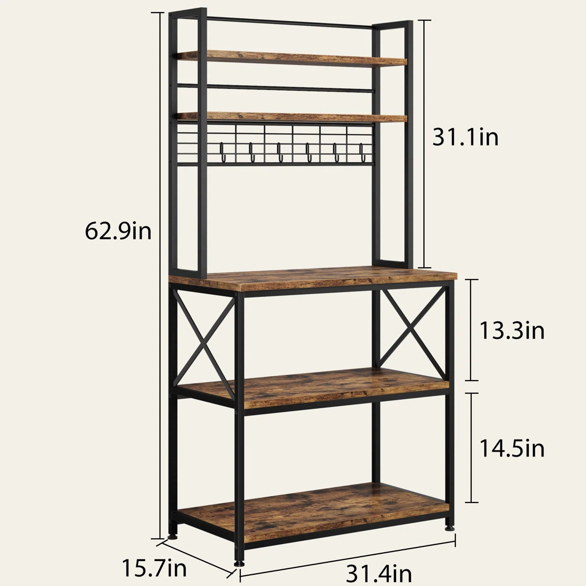 Kitchen Racks: 31.4" iron baker’s rack with microwave shelf and open kitchen storage tiers