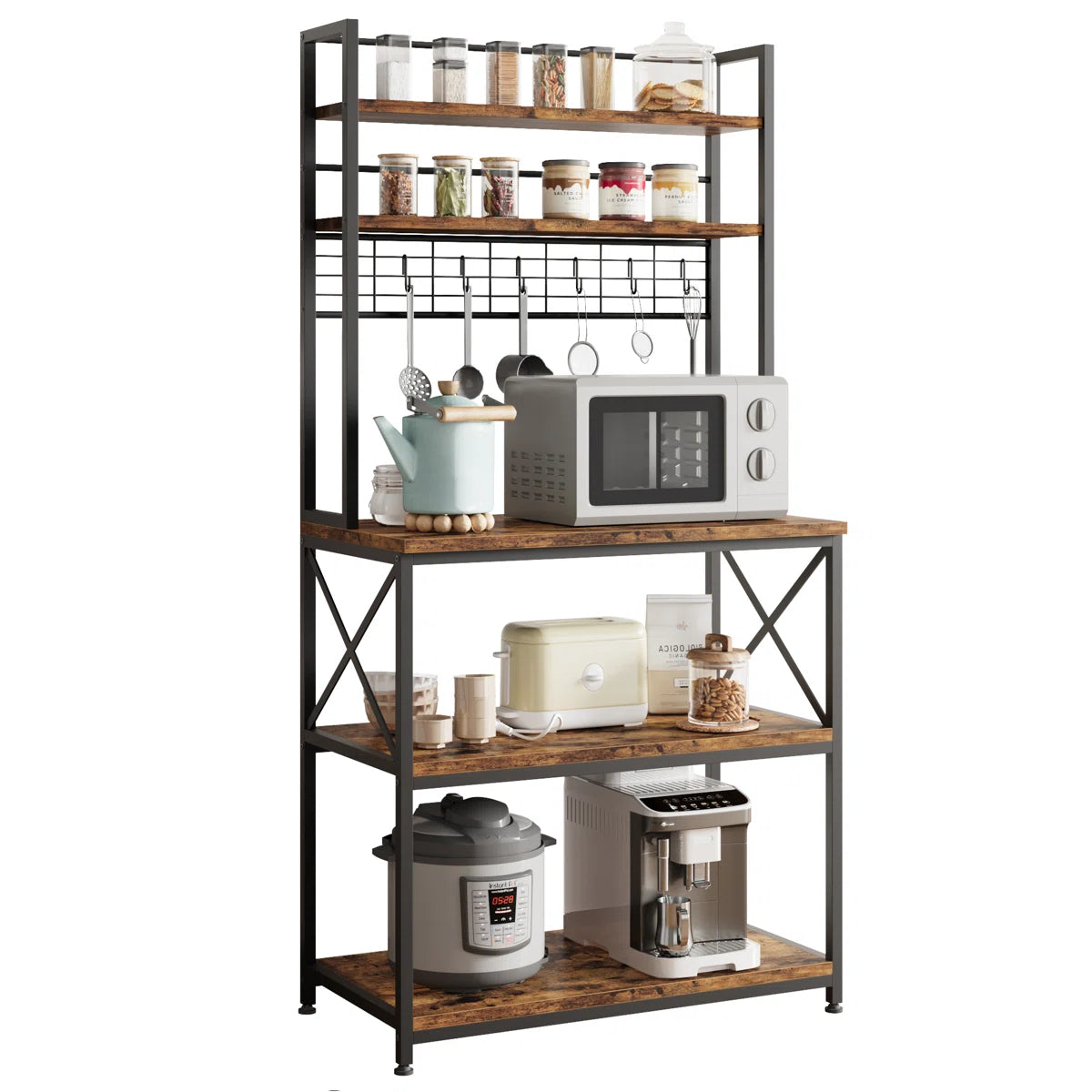 Kitchen Racks: 31.4" iron baker’s rack with microwave shelf and open kitchen storage tiers