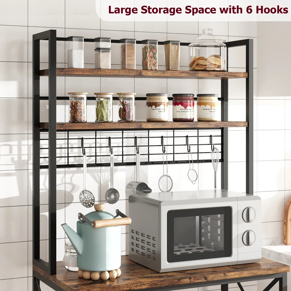 Kitchen Racks: 31.4" iron baker’s rack with microwave shelf and open kitchen storage tiers
