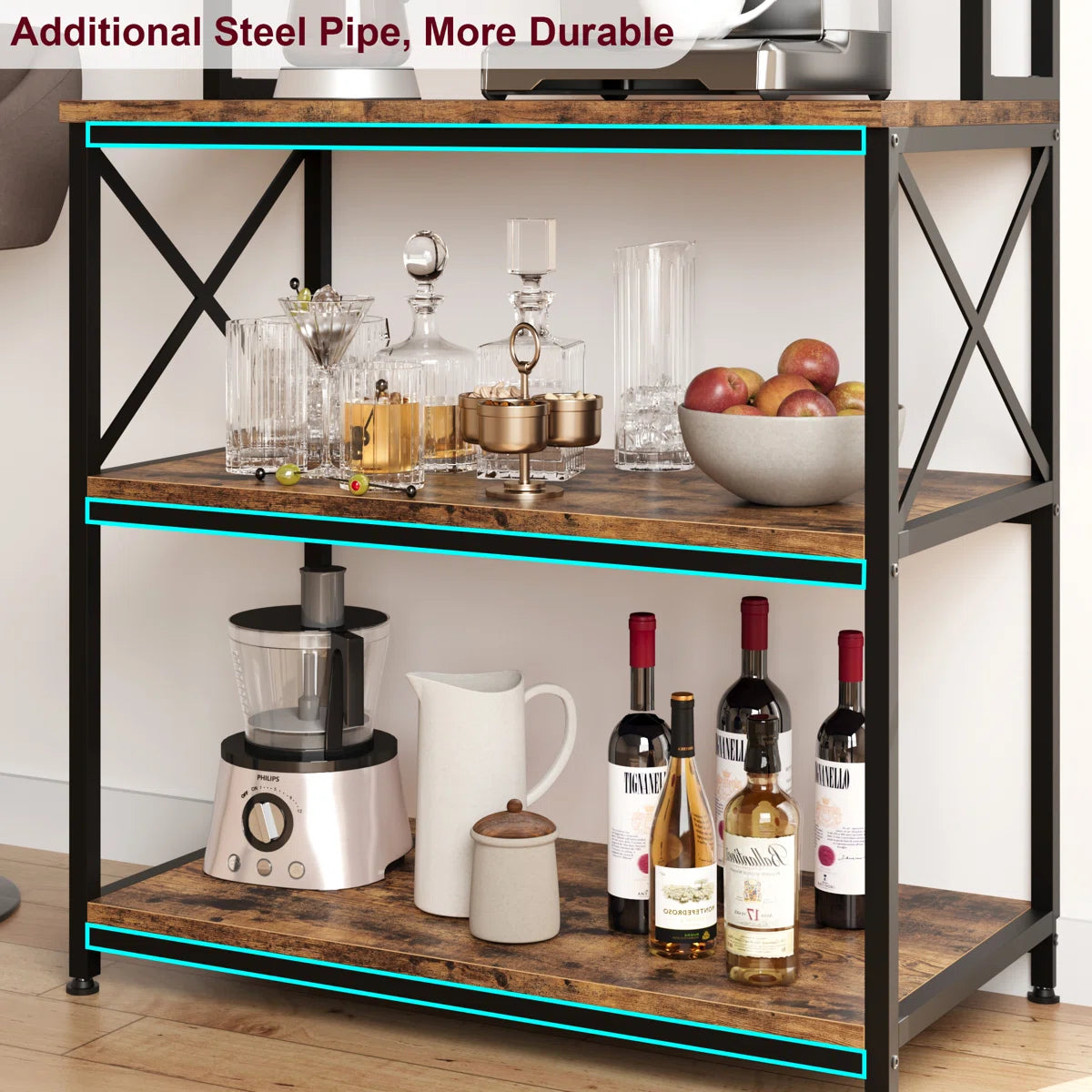 Kitchen Racks: 31.4" iron baker’s rack with microwave shelf and open kitchen storage tiers