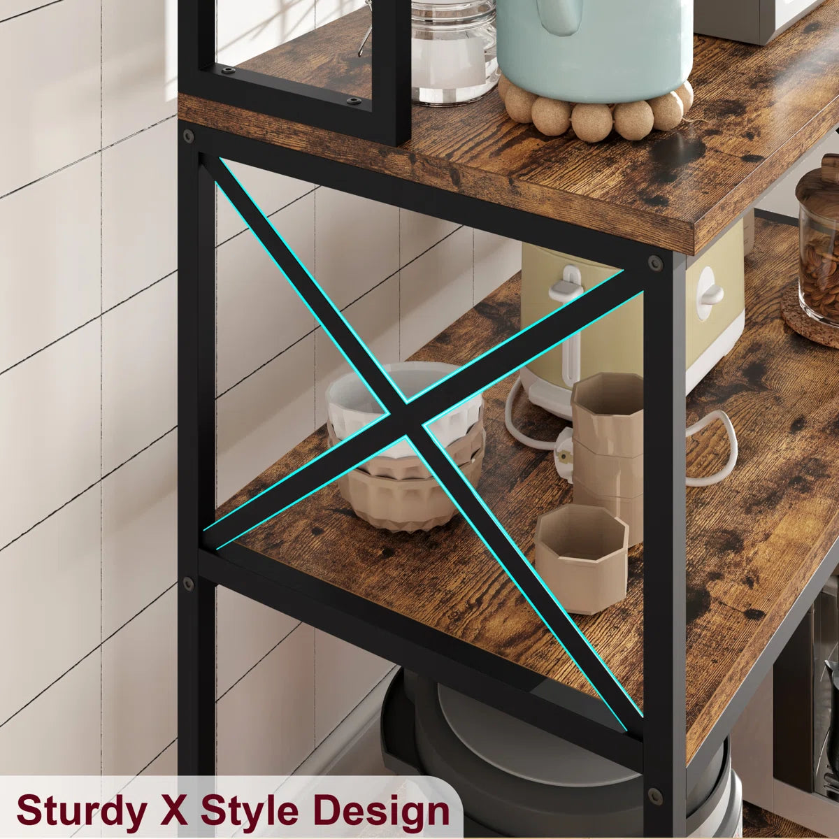 Kitchen Racks: 31.4" iron baker’s rack with microwave shelf and open kitchen storage tiers